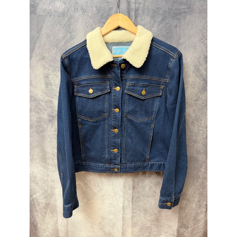 Draper James Womens XL Denim Trucker Jacket Dark Wash Faux Shearling Collar